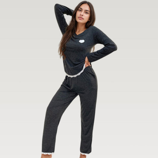 Long Sleeve Pajama Set with Lace Trim and Heart Detail