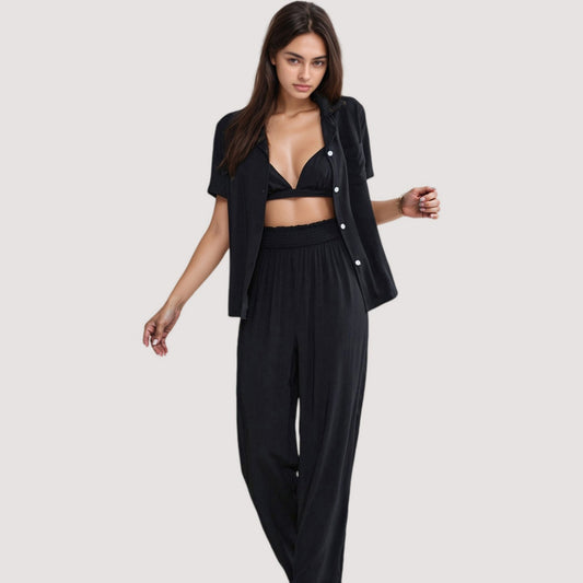 3-Piece Pajama Set with Bralette Top, Button Down Shirt, and Wide Leg Pants