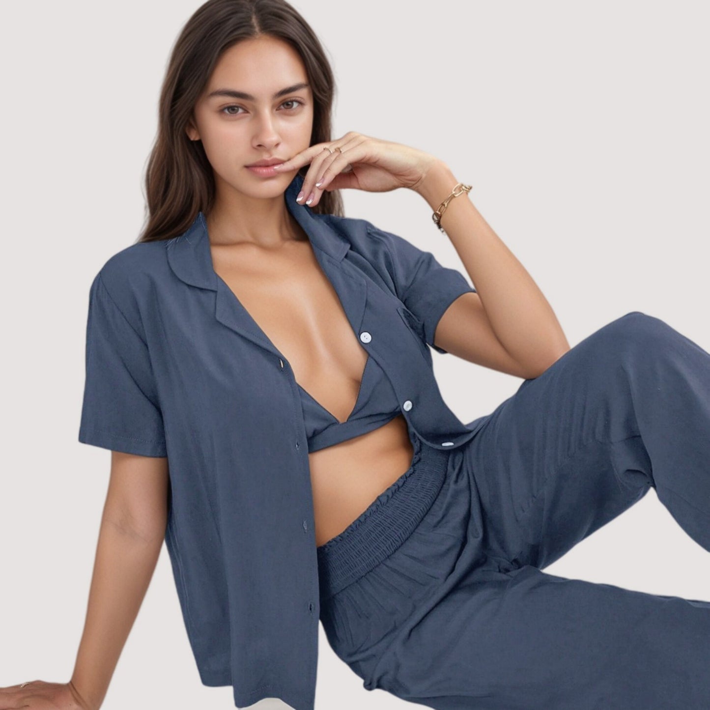 3-Piece Pajama Set with Bralette Top, Button Down Shirt, and Wide Leg Pants