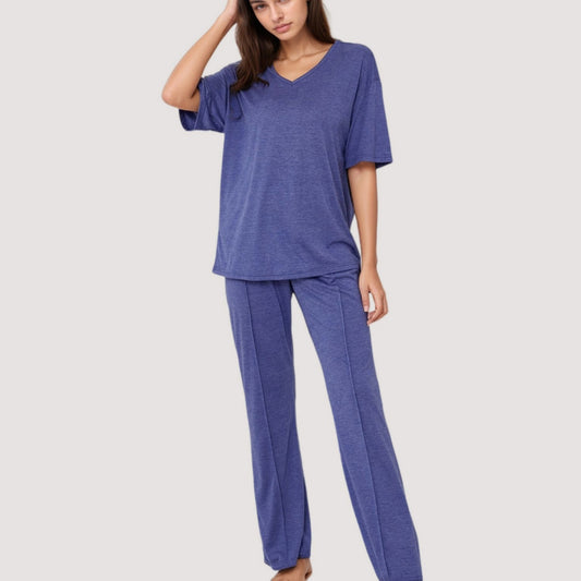 Relaxed Fit Lounge Set with V-Neck Short Sleeve Top and Full-Length Pants