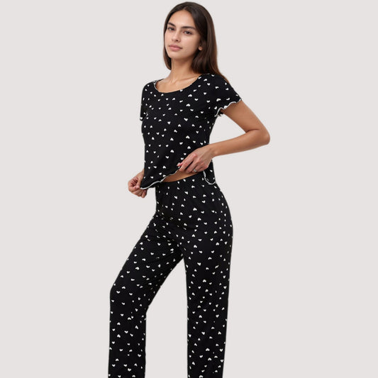 Heart Print Pajama Set with Short Sleeve Lettuce Trim Top and Full-Length Pants
