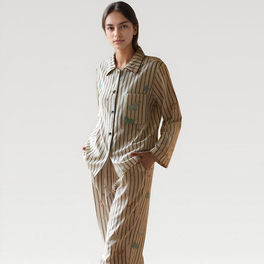 Satin Striped Pajama Set with Button Up Long Sleeve Shirt and Illustrated Tree Print Pants