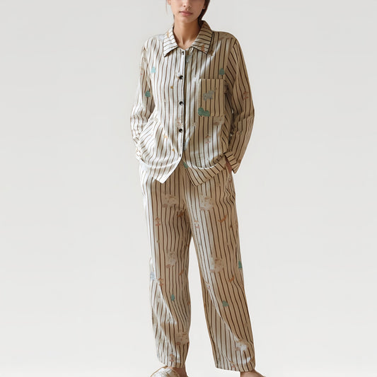 Satin Striped Pajama Set with Button Up Long Sleeve Shirt and Illustrated Tree Print Pants