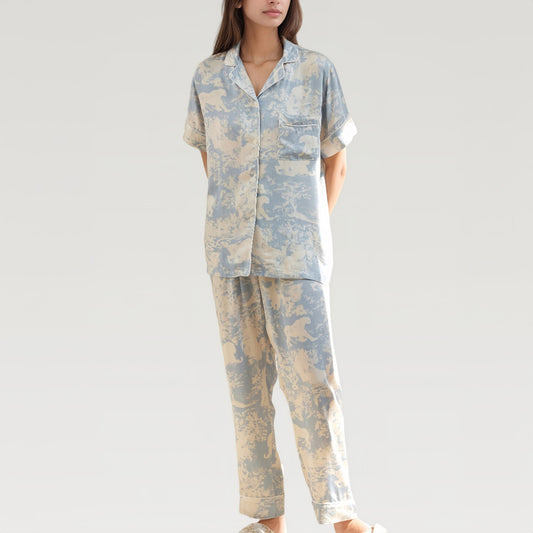 Satin Pajama Set with Short Sleeve Button Up Top and Abstract Animal Print Relaxed Pants