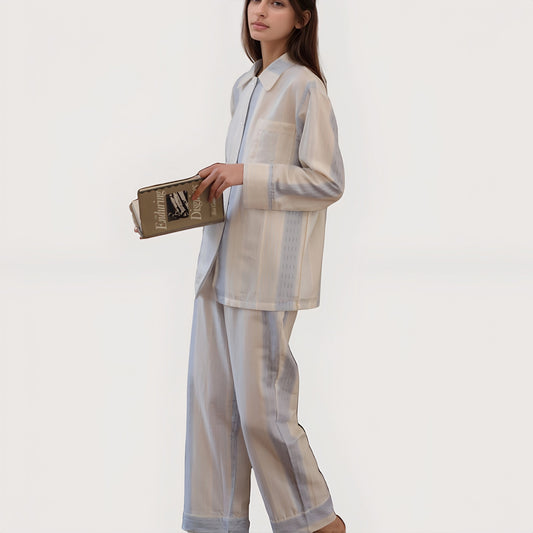 Striped Woven Pajama Set with Collared Long Sleeve Top and Cuffed Wide Leg Pants