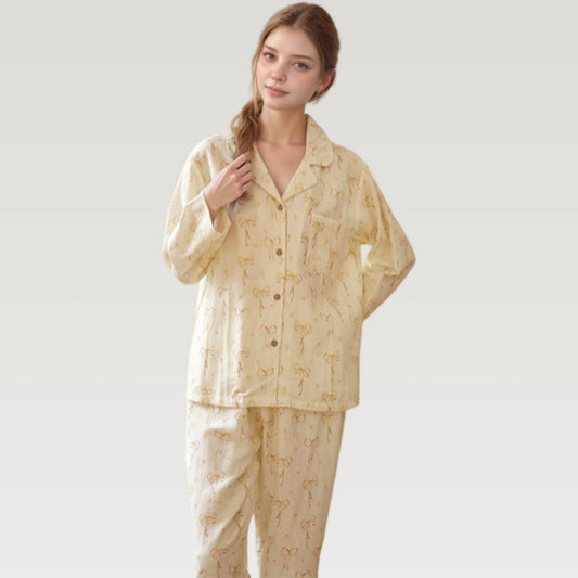 Bow Print Woven Pajama Set with Long Sleeve Collared Top and Relaxed Fit Pants