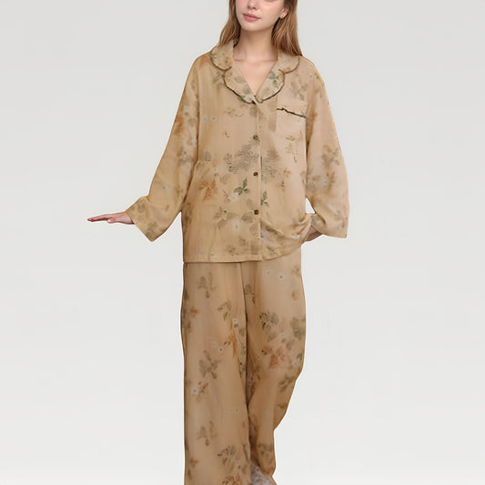 Ruffle Collar Floral Print Woven Pajama Set with Long Sleeve Button Top and Relaxed Pants