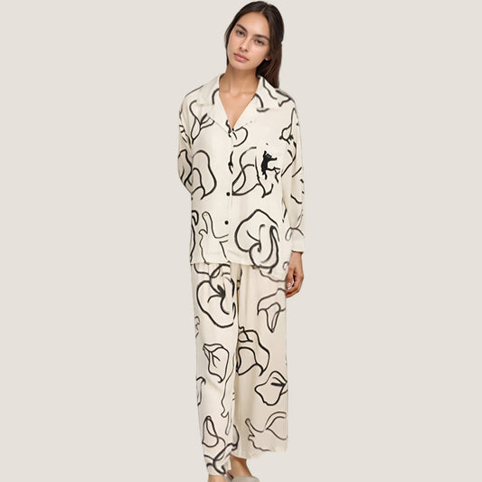 Abstract Floral Woven Pajama Set with Long Sleeve Button Top and Wide Leg Pants