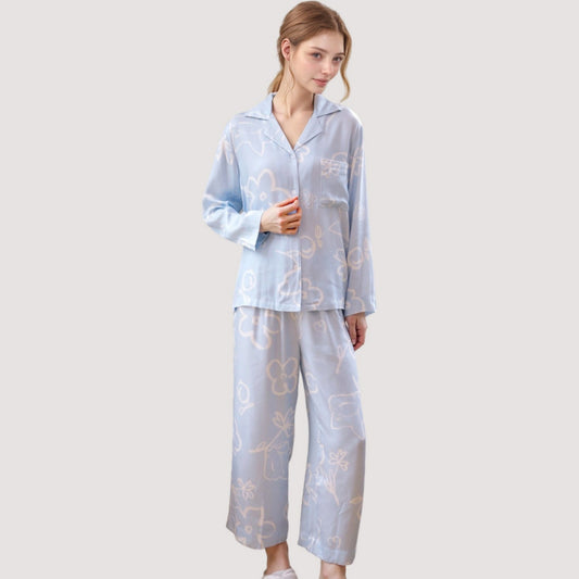Light Woven Pajama Set with Whimsical Floral Outline Print and Relaxed Button-Up Fit