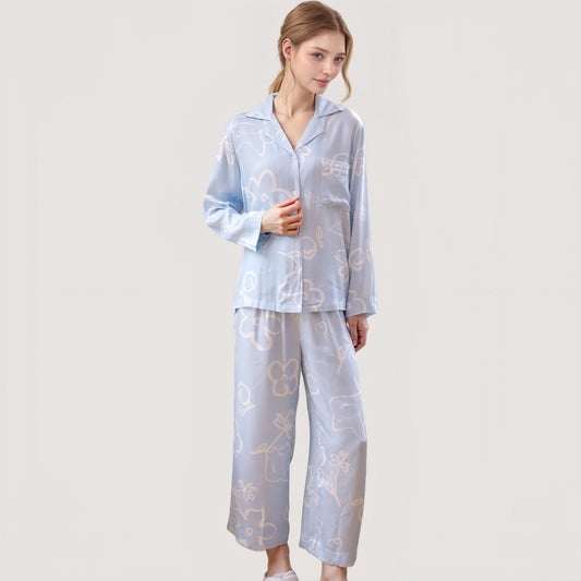 Light Woven Pajama Set with Whimsical Floral Outline Print and Relaxed Button-Up Fit