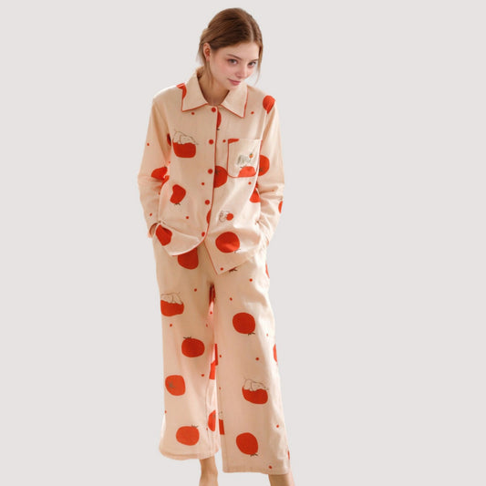 Woven Pajama Set with Playful Tomato Print and Relaxed Button-Up Fit for Everyday Lounging