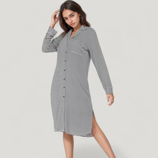 Woven Stripe Long Sleeve Button Down Sleep Shirt with Lapel Collar and Curved Hem
