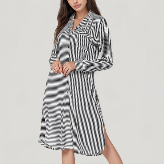 Woven Stripe Long Sleeve Button Down Sleep Shirt with Lapel Collar and Curved Hem