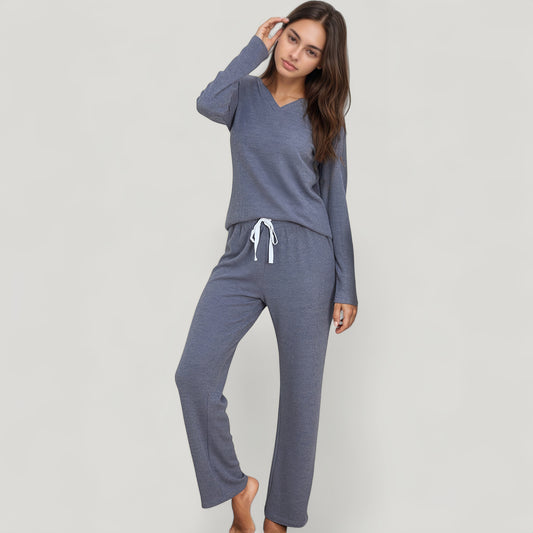 V-Neck Long Sleeve Knit Top and Drawstring Waist Lounge Pants Two Piece Set