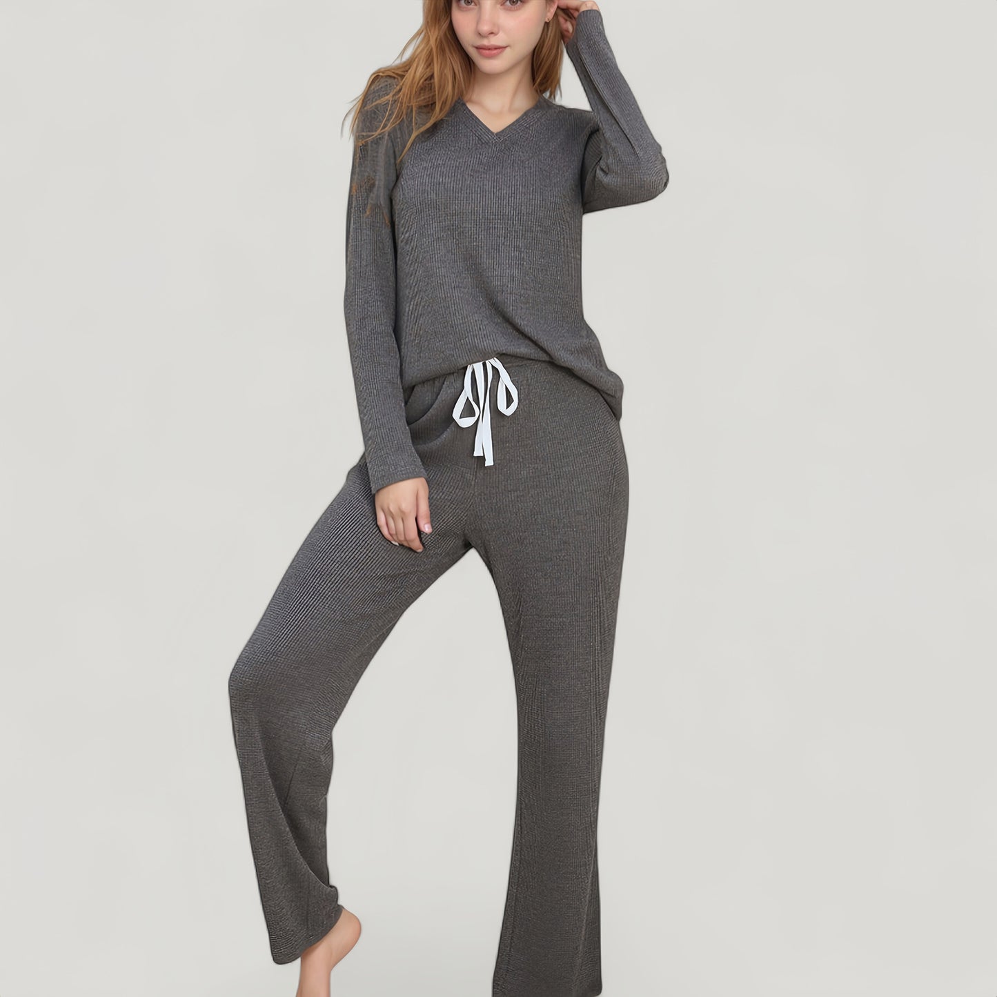 V-Neck Long Sleeve Knit Top and Drawstring Waist Lounge Pants Two Piece Set