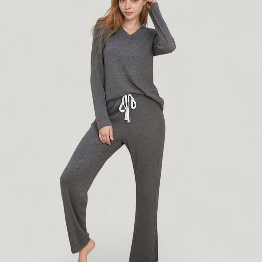 V-Neck Long Sleeve Knit Top and Drawstring Waist Lounge Pants Two Piece Set