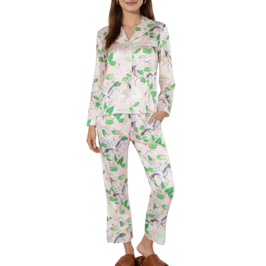 2-Piece Set Long Sleeve Button Front Pajama Set with Crane Print and Soft Silky Fabric for Relaxed Comfort