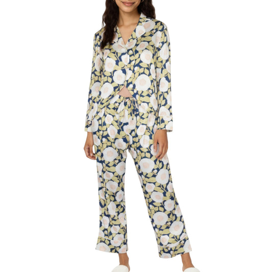 2-Piece Set Long Sleeve Button Front Pajama Set with Floral Print and Soft Silky Fabric for Relaxed Comfort