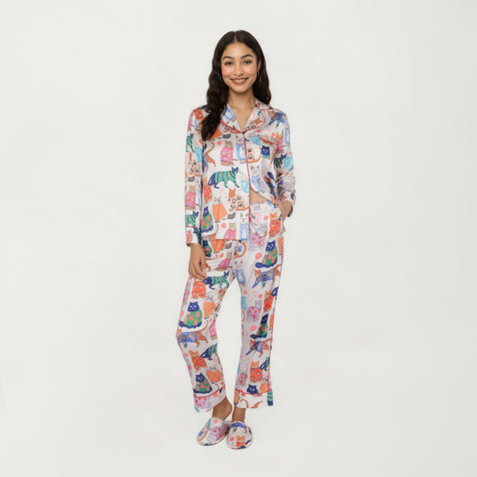 2-Piece Set Long Sleeve Button Front Pajama Set with Cat Print and Soft Silky Fabric for Relaxed Comfort
