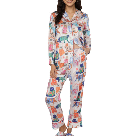 2-Piece Set Long Sleeve Button Front Pajama Set with Cat Print and Soft Silky Fabric for Relaxed Comfort