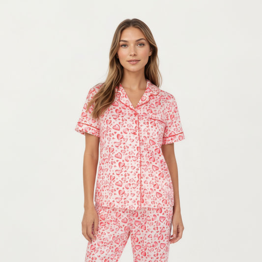 2-Piece Set Short Sleeve Button Front Pajama Set with Leopard Print and Soft Fabric for Relaxed Comfort