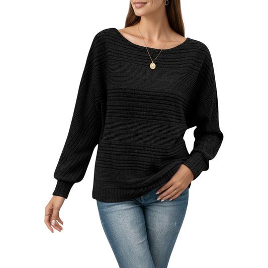 Long Sleeve Striped Knit Sweater with Boat Neckline and Relaxed Fit