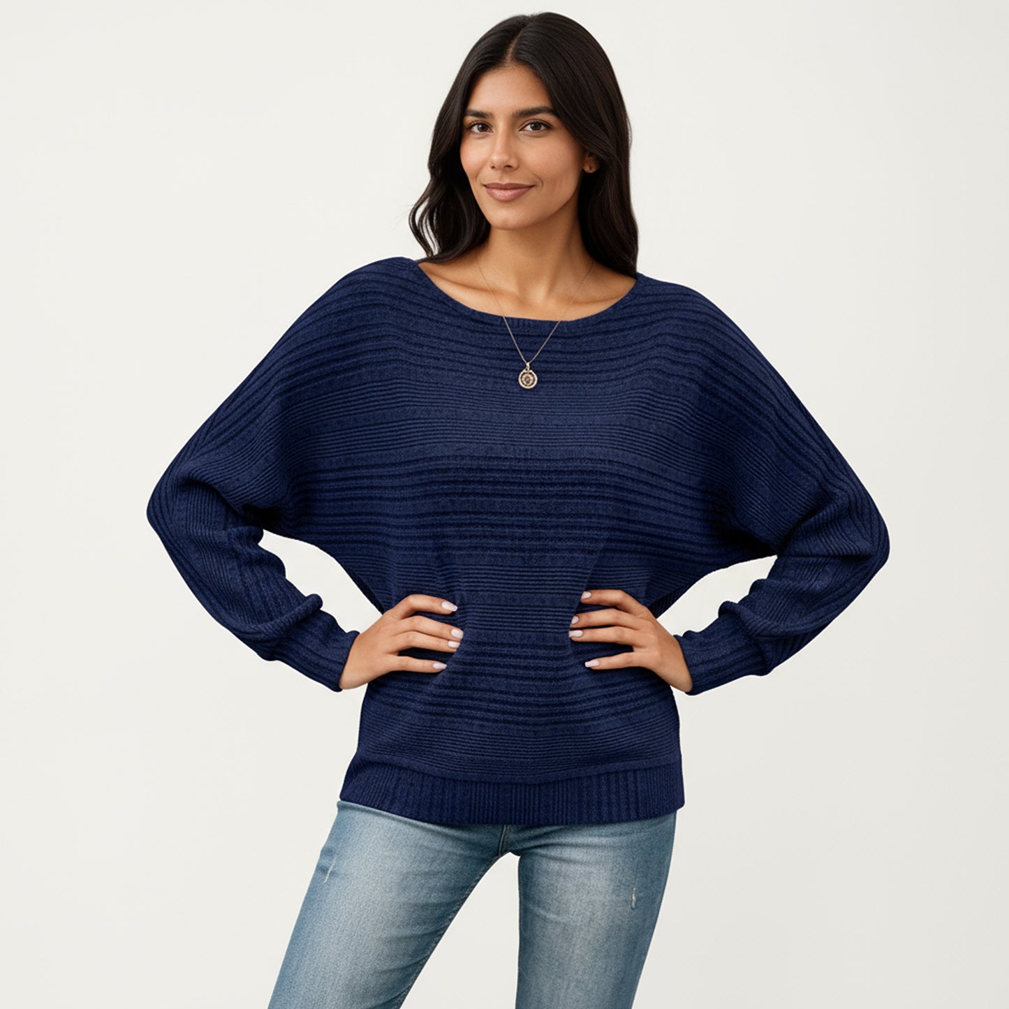 Long Sleeve Striped Knit Sweater with Boat Neckline and Relaxed Fit