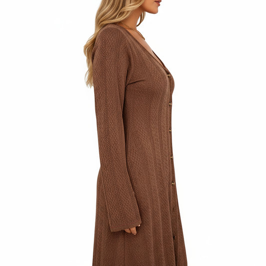 Long Sleeve Button Front Maxi Dress with Deep V-Neck and Side Slit
