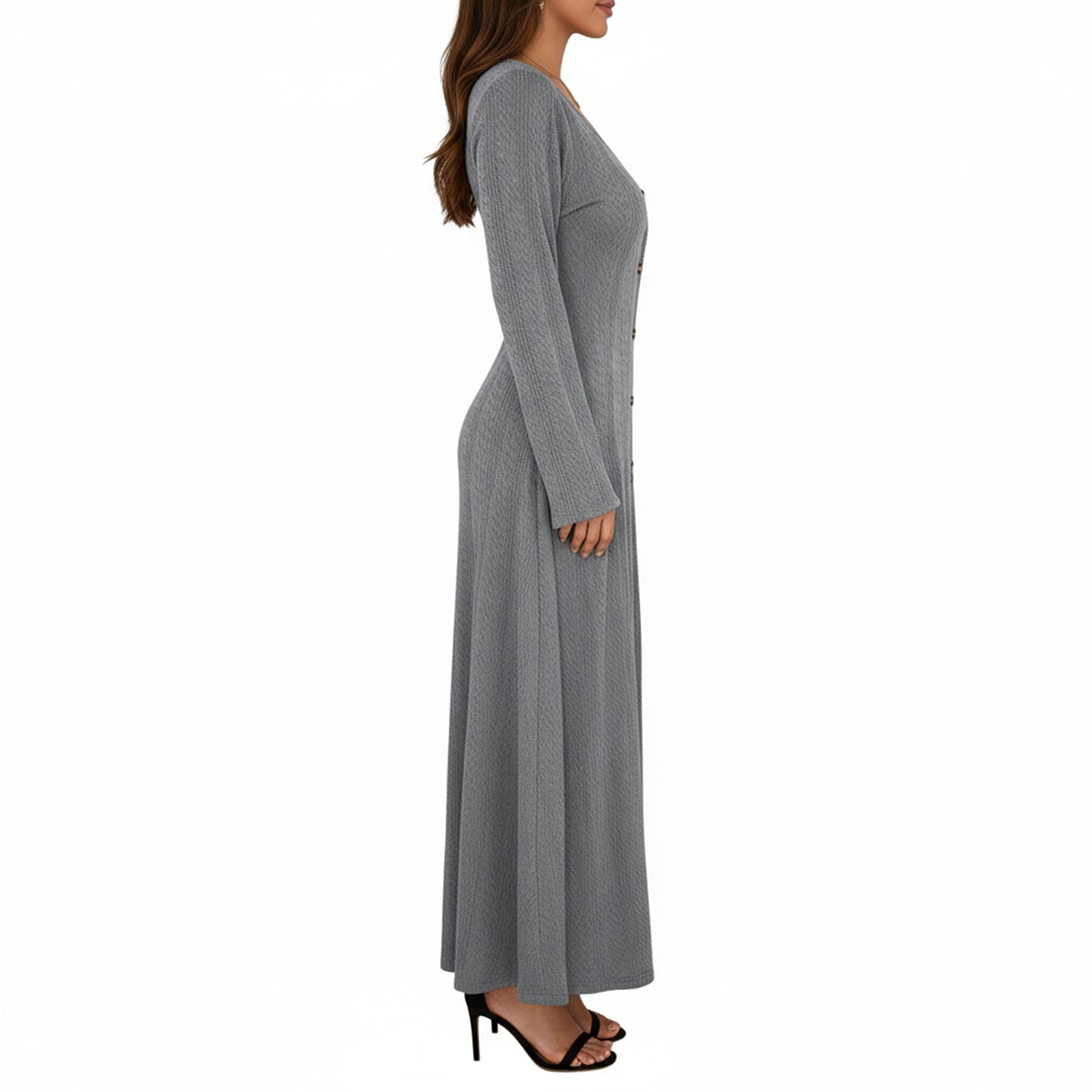 Long Sleeve Button Front Maxi Dress with Deep V-Neck and Side Slit