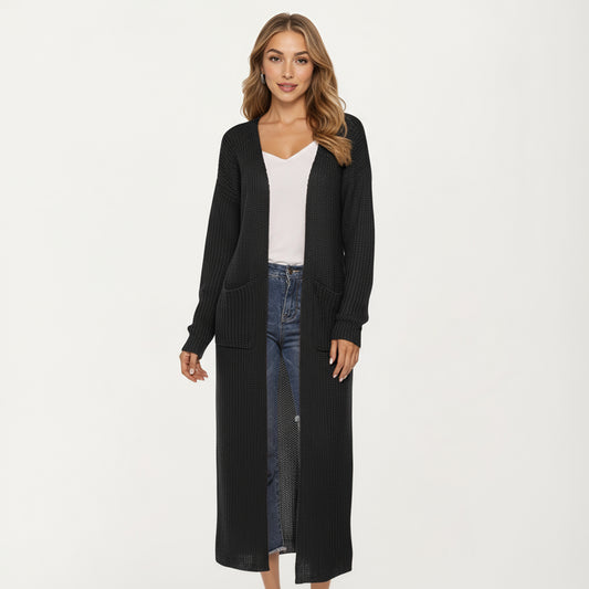 Open Front Long Knit Cardigan with Pockets and Ribbed Trim