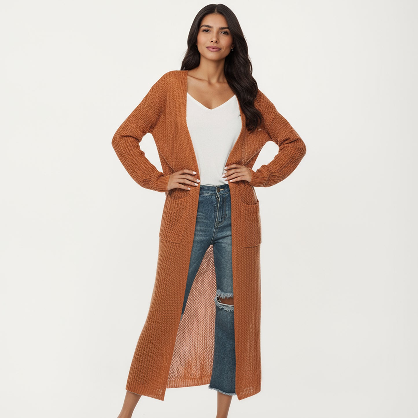 Open Front Long Knit Cardigan with Pockets and Ribbed Trim