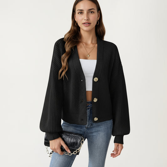 Button Front Knit Cardigan with Long Lantern Sleeves and Relaxed Fit