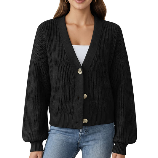 Button Front Knit Cardigan with Long Lantern Sleeves and Relaxed Fit