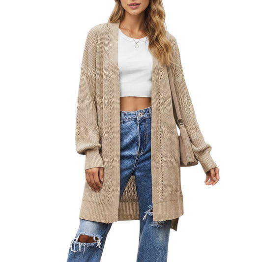 Long Sleeve Open Front Knit Cardigan with Relaxed Fit and Textured Detailing