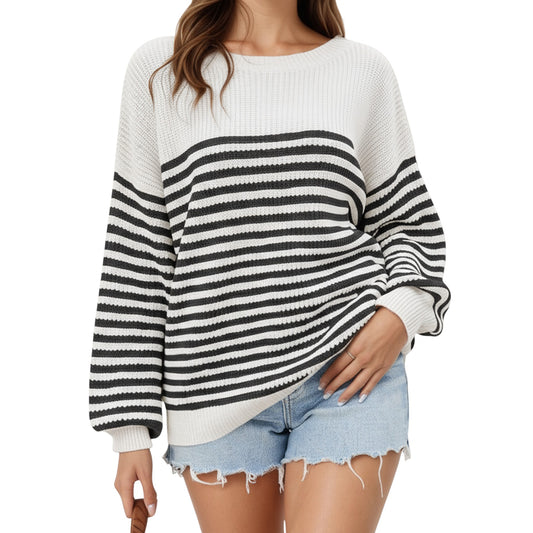 Long Sleeve Striped Knit Pullover Sweater with Relaxed Fit and Ribbed Hem