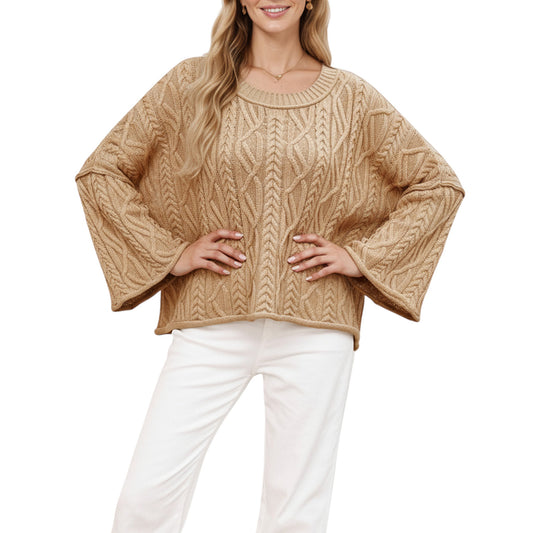 Long Sleeve Cable Knit Pullover Sweater with Relaxed Fit and Wide Cuff Sleeves