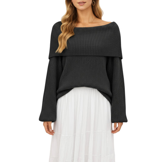 Off Shoulder Long Sleeve Knit Pullover Sweater with Relaxed Fit