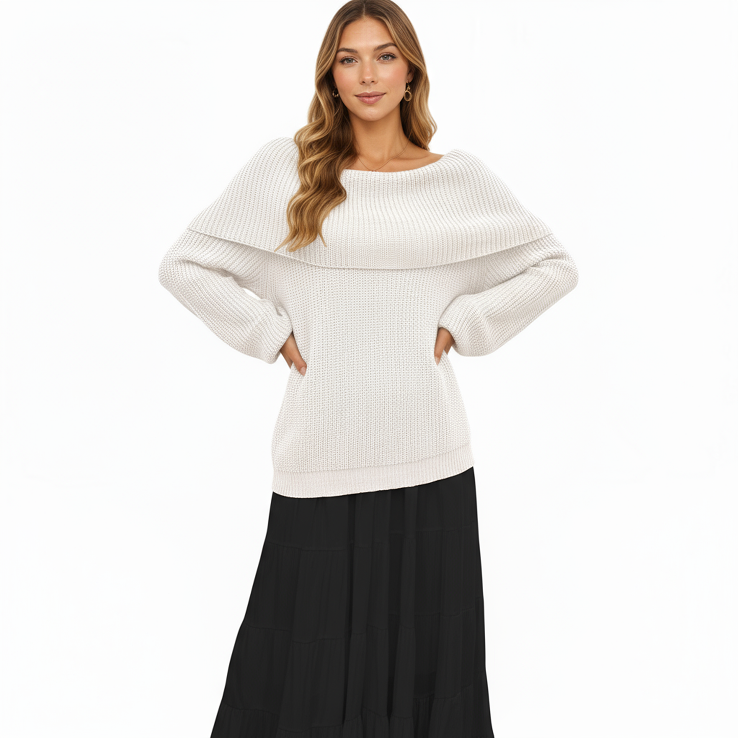 Off Shoulder Long Sleeve Knit Pullover Sweater with Relaxed Fit