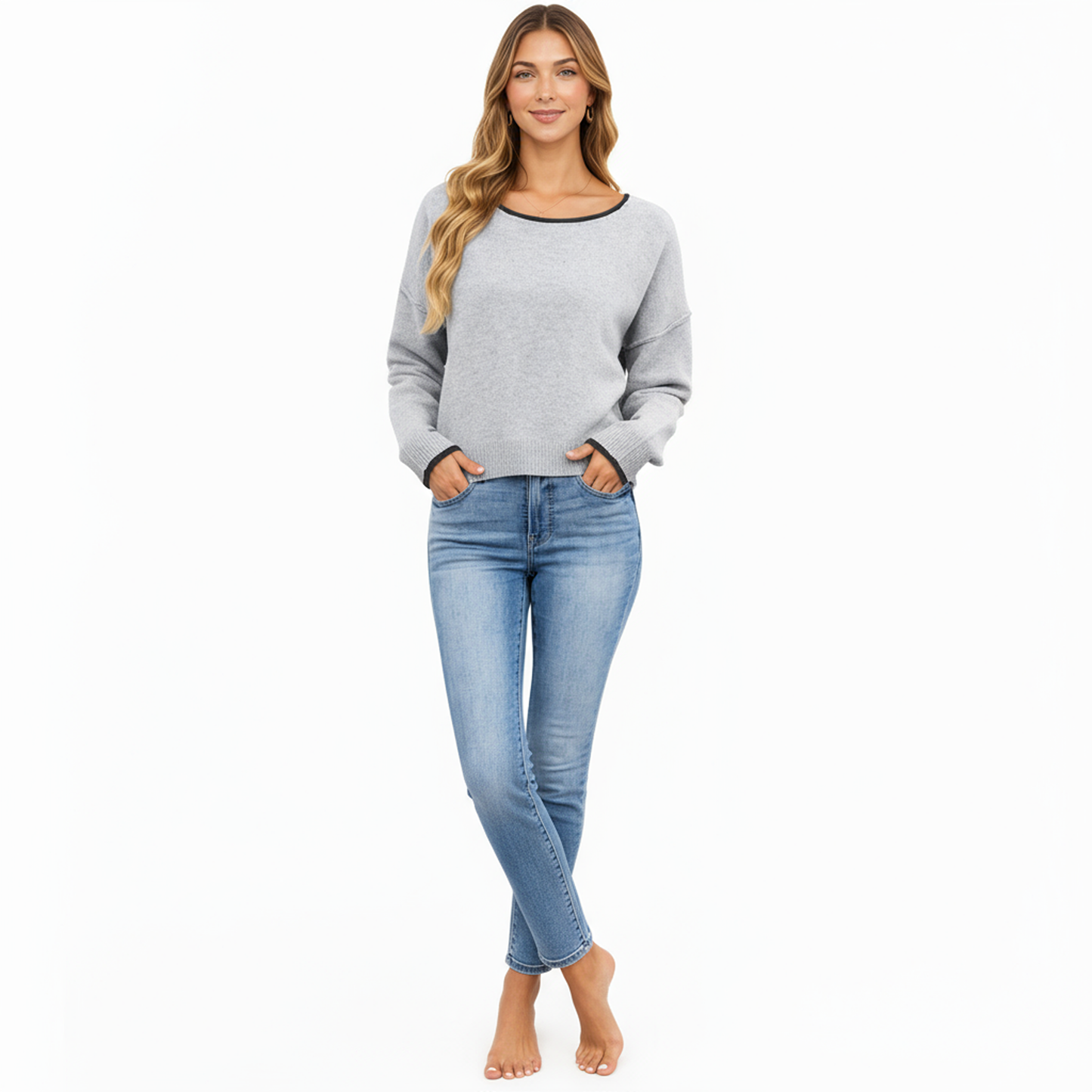 Long Sleeve Crew Neck Knit Pullover Sweater with Contrast Trim