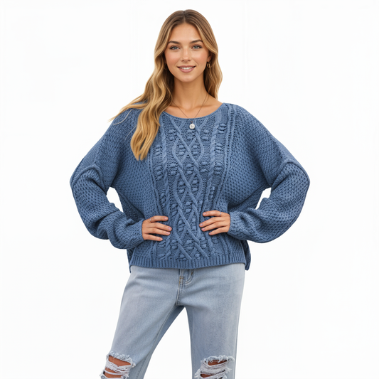 Long Sleeve Cable Knit Pullover Sweater with Textured Pattern