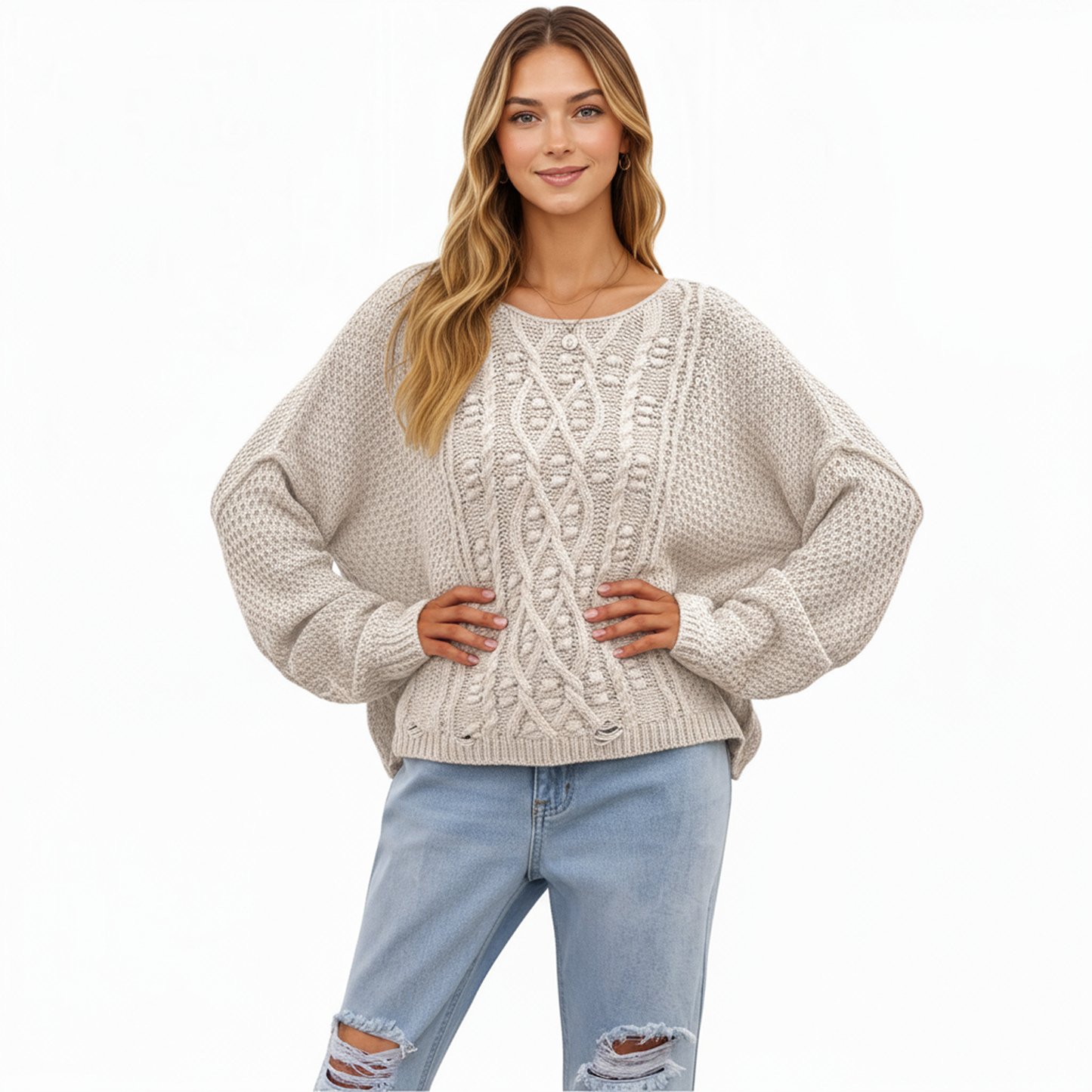 Long Sleeve Cable Knit Pullover Sweater with Textured Pattern