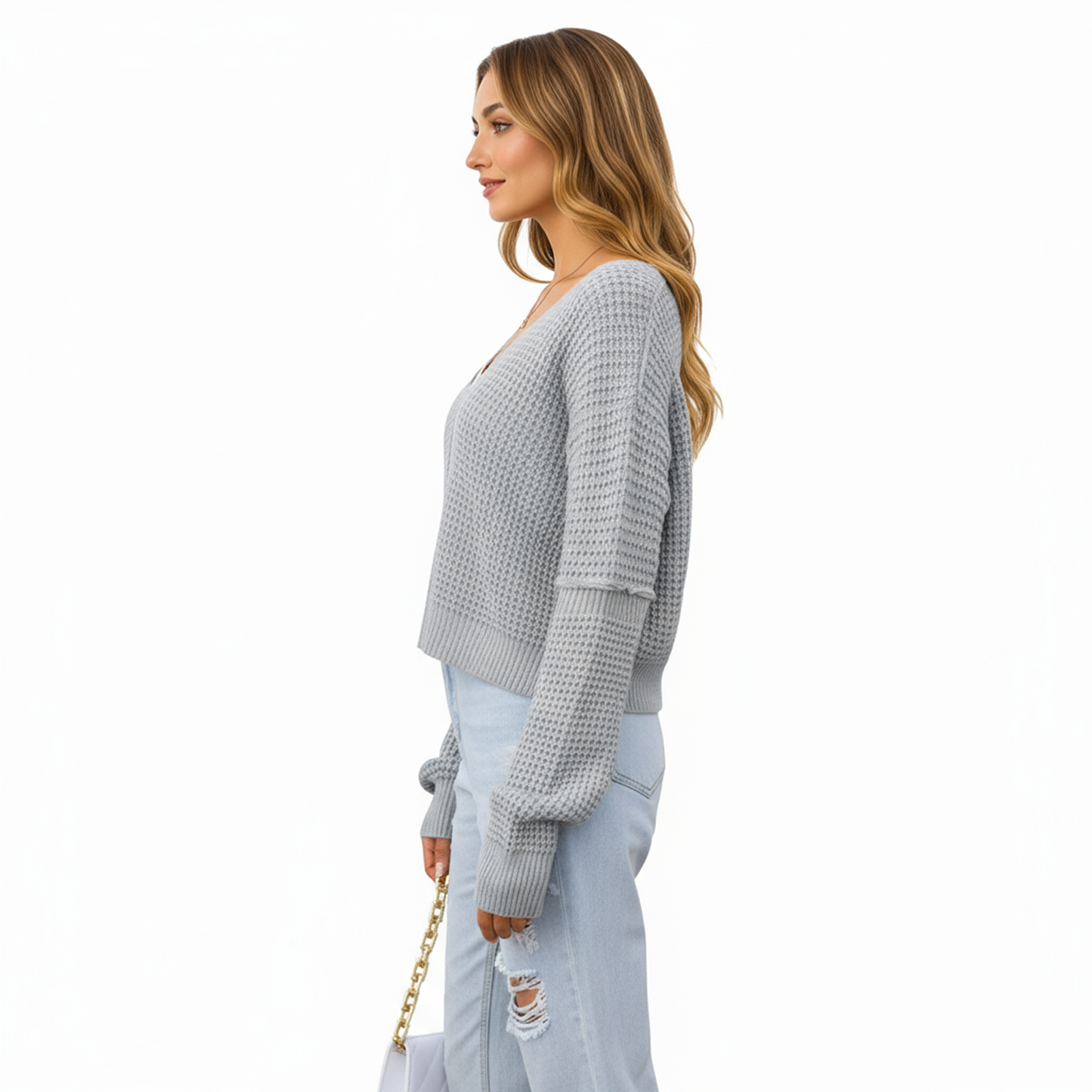 Long Sleeve Waffle Knit Pullover Sweater with Relaxed Fit