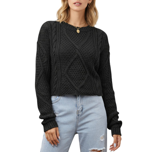 Long Sleeve Cable Knit Pullover Sweater with Textured Pattern