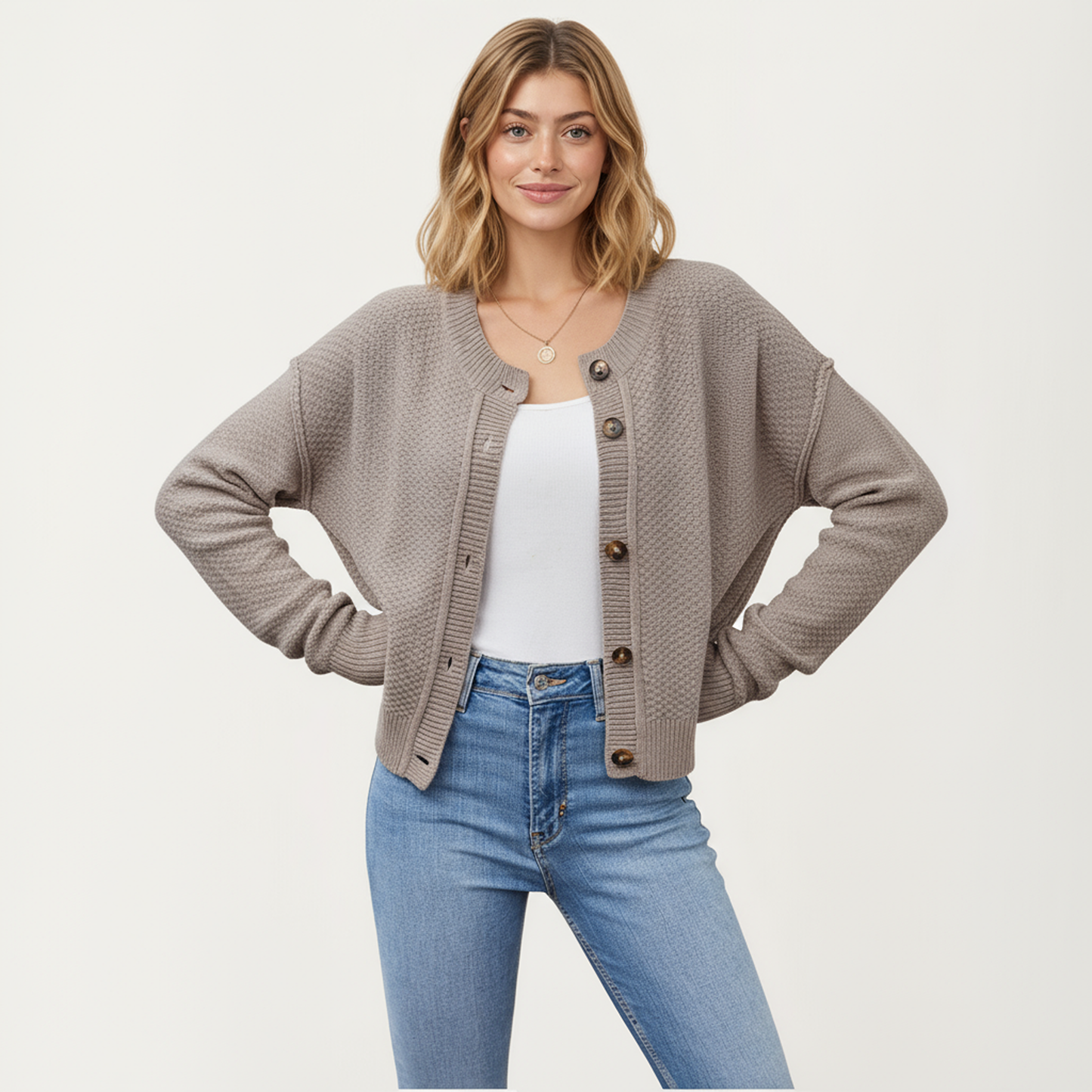 Button Front Knit Cardigan with Long Sleeves and Ribbed Cuffs