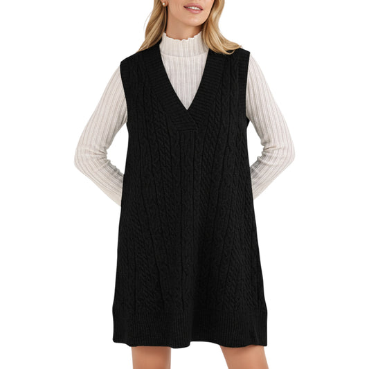 Cable Knit Sweater Dress with Deep V-Neck and Sleeveless Design