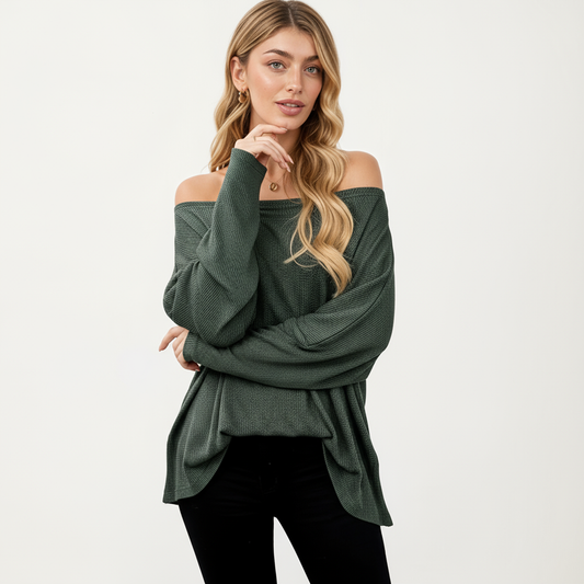 Off Shoulder Long Sleeve Knit Top with Relaxed Fit