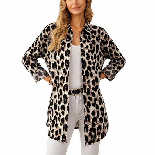 Leopard Print Button-Up Long Sleeve Shirt with Collared Neckline