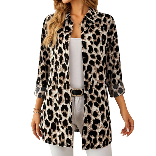 Leopard Print Button-Up Long Sleeve Shirt with Collared Neckline