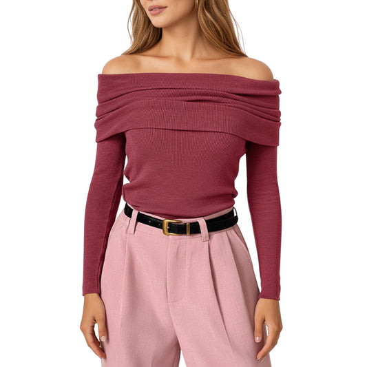 Off-Shoulder Ribbed Knit Long Sleeve Top with Foldover Neckline