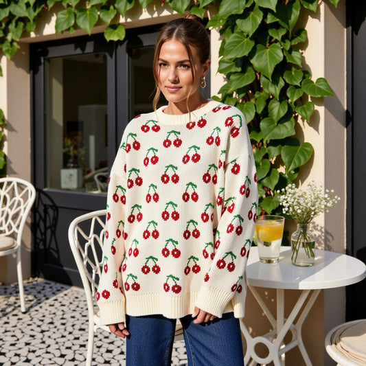 Long Sleeve Pullover Knit Sweater with Cherry Pattern